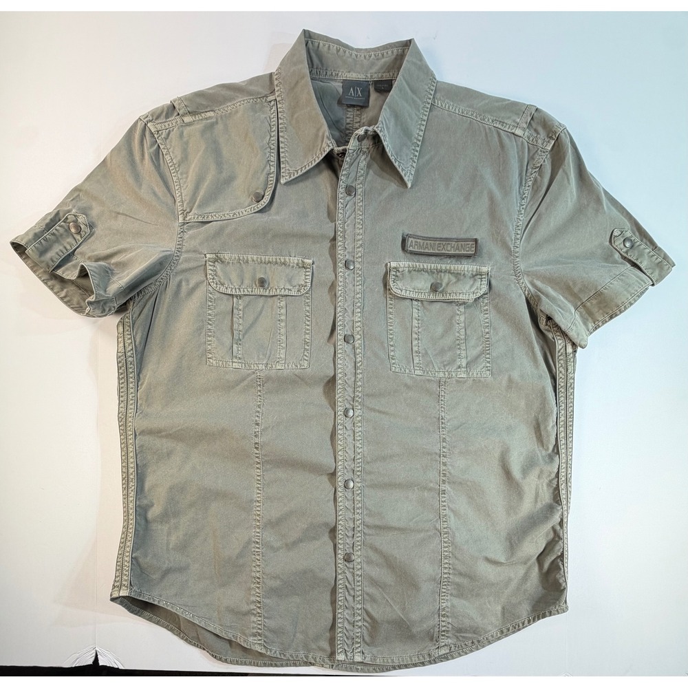 Armani Exchange Mens Large Olive Green Short Sleeve Utility Snap Front Shirt L